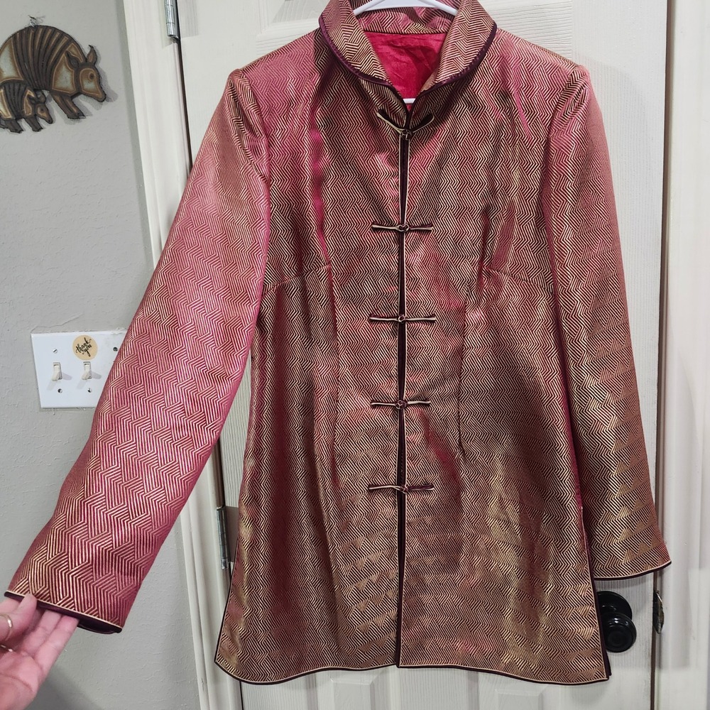 Burgundy Gold Metallic Brocade Mandarin Collar Frog Toggle Jacket S